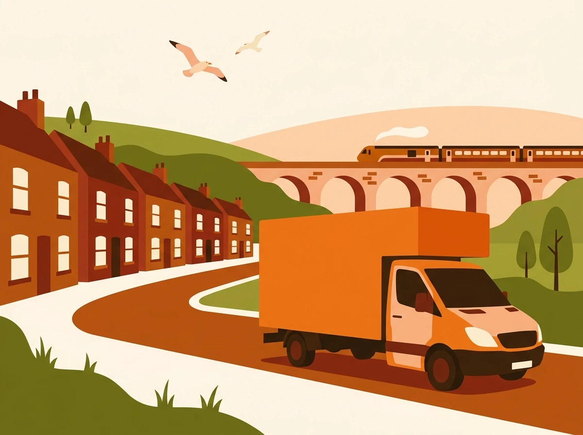A Great House Move Luton van on a North East street, with brick terraces, a railway viaduct and green hills behind