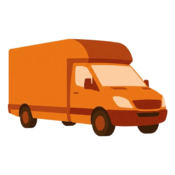 An orange Luton removal van, seen from the front and side