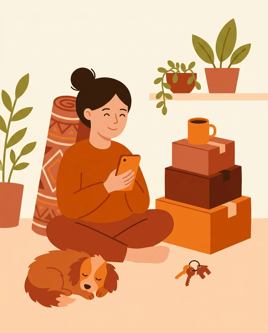 A woman sitting among packed moving boxes, checking her phone, with a mug of tea, house keys and a sleeping dog beside her