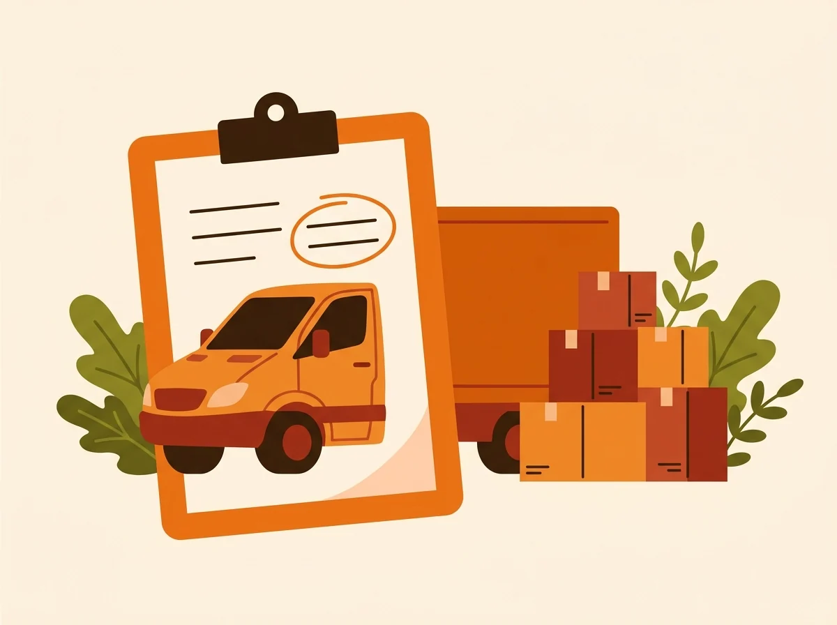 A clipboard holding a written removal quote with one figure circled, a Luton van and stacked moving boxes behind it