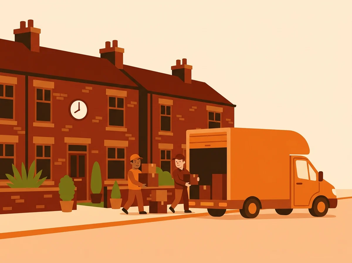 Two removal crew carrying boxes from a red-brick terrace into a Luton van, with a clock on the house wall