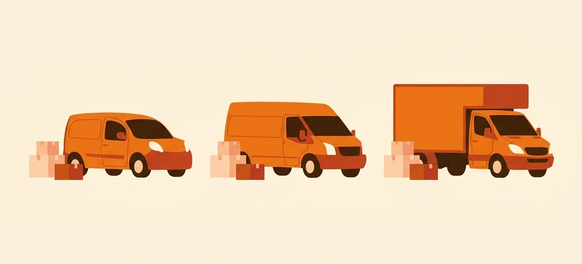 Three removal vans side by side — a small van, a Transit and a Luton — with moving boxes beside each one for scale